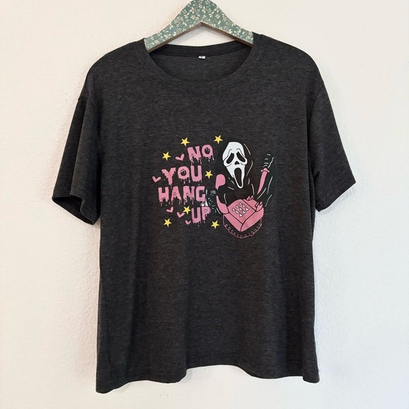 Halloween Pink Scream Graphic Tee No You Hang Up Spooky Season - Picture 1 of 3